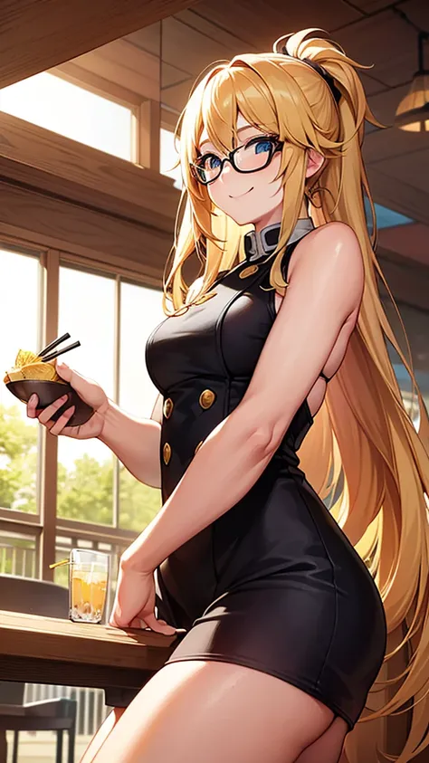 Solo, 1 girl, An anime-style woman with long blonde hair and glasses is enjoying a meal at a restaurant. She is holding a small cup of tea and smiling. The table in front of her has a large bowl of ramen with vegetables and meatballs, along with two tall d...