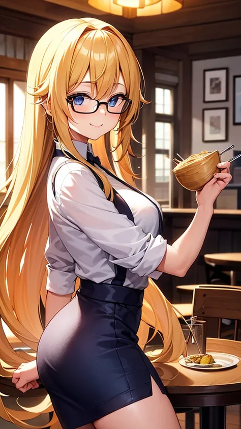 Solo, 1 girl, An anime-style woman with long blonde hair and glasses is enjoying a meal at a restaurant. She is holding a small cup of tea and smiling. The table in front of her has a large bowl of ramen with vegetables and meatballs, along with two tall d...