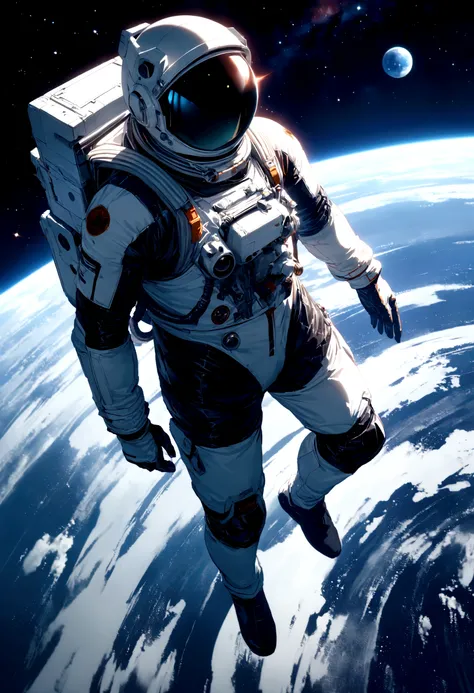 astronaut, intricate detail, Highly Detailed beautiful and aesthetic, amazing quality, (masterpiece), (high quality), wallpaper 8K CG, high resolution, extremely detailed, photorealistic, wide-angle, Top view, depthoffield, beautiful detailed fullbody, sin...