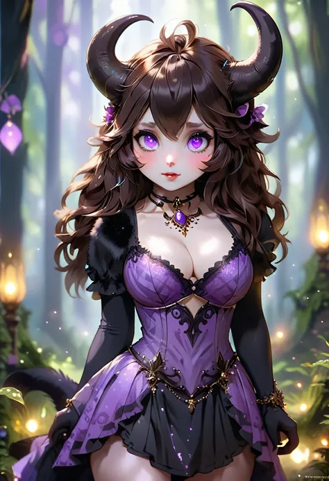 satyr, female, purple skin, black fur, brown hair, black eyes, straight horns, vantablack dress. perky breasts, cleavage, ultra ...