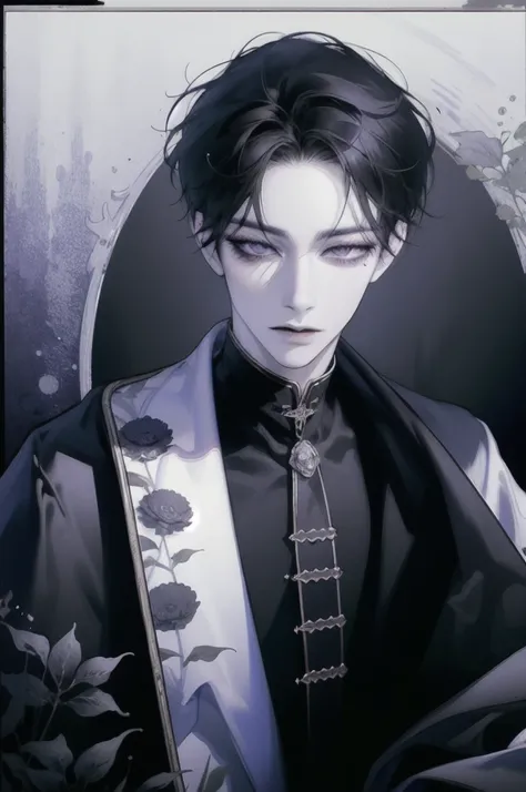 4k, masterpiece, best quality, high resolution, detailed, 1 male, adult, vampire, sharp eyes, pale skin, korean makeup, one eye is black and one eye is white, multicolored hair, black and white hair, wolf cut, black solid background