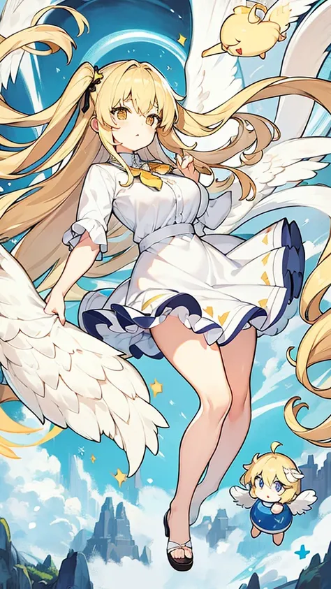 Showing the whole body Cute Baby face Big breasts Flying in the sky White simple dress Long hair Angel Blonde Yellow eyes Deformed