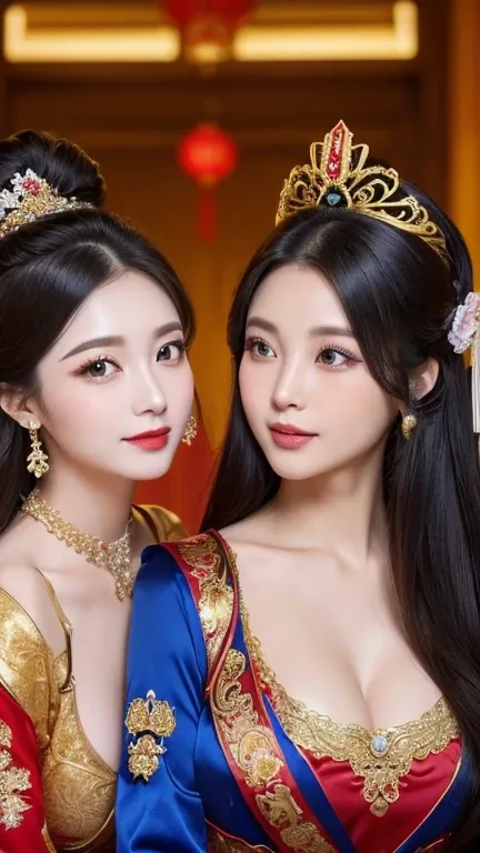 (((Two Chinese beauties)))、((Standing side by side))、((The beautiful woman on the right is wearing a bright red outfit))、(((The beauty on the left is wearing a royal blue outfit.)))、((Two beautiful women in different colored costumes))、21 years old、(Very h...