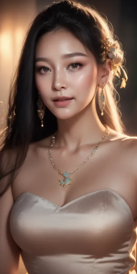 best quality, masterpiece, highres, 1girl, transparent silk china dress, beautiful face, hair ornament, looking at viewer, smile, closed mouth,lips, dress,hair ornament, necklace, jewelry, long hair, earrings, Beautiful face,upon_body, tyndall effect,photo...