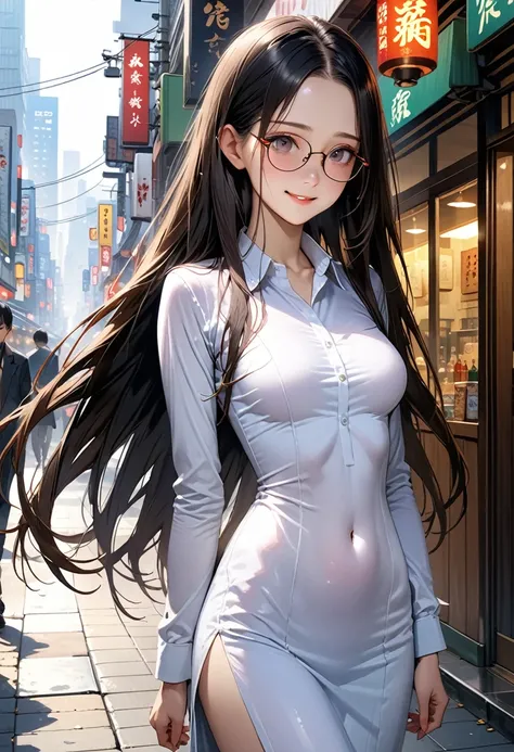 ((masterpiece,Highest quality;1.3,best illustration,realistic)),1woman、独奏,22 year old beauty,((very small head:1.1)),center parted bangs,forehead,black hair,long hair,black eyes,gorgeous eyes,Black-rimmed glasses、shy,smile,medium breasts,((very long body))...