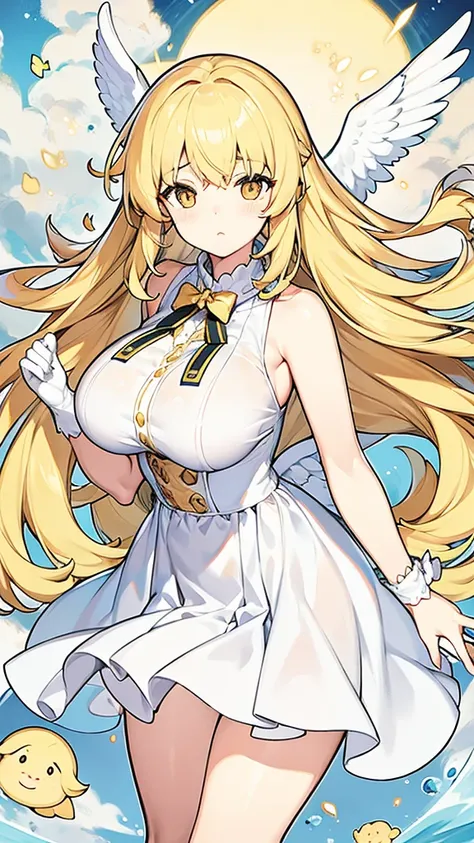 Showing the whole body Cute Baby face Big breasts Flying in the sky White simple dress Long hair Angel Blonde Yellow eyes Deformed