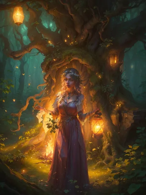 A girl in a forest with a lantern, beautiful detailed eyes, beautiful detailed lips, extremely detailed eyes and face, long eyelashes, fantasy forest, dark forest, dramatic lighting, moody atmosphere, pagan ritual, fire magic, glowing fire, fairy priestess...