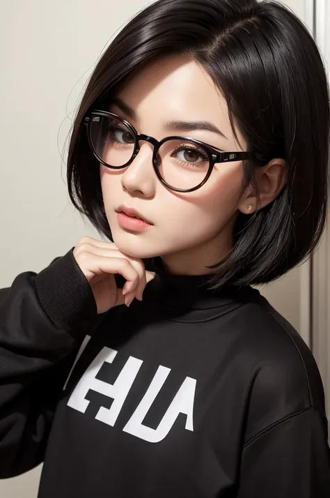 Make a lego-style Asian character, medium straight black hair, dark brown eyes, round lens glasses, skin fair, wearing a dark sweatshirt.