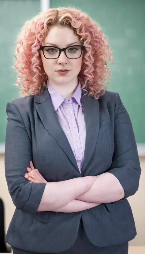 Pink Curly hair pale skin fat glasses woman in suit standing in classroom 