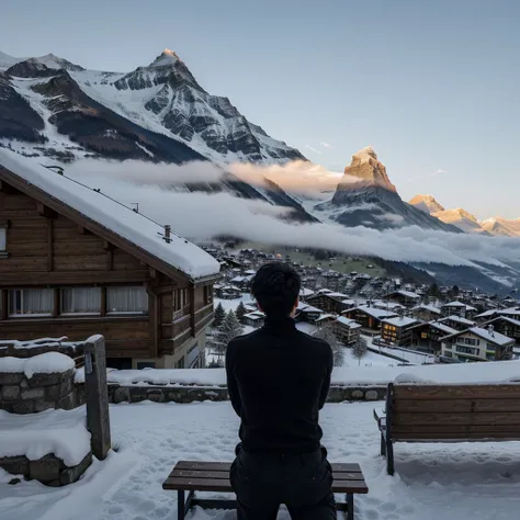 a boy with messy black hair facing his back wearing a black turtleneck and pants hearing a hood sitting on a bench on top of the mountain overlooking zermatt Switzerland at foggy morning in winter