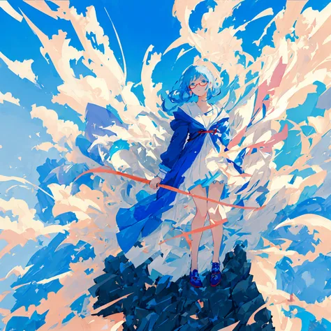 anime girl flying through the air with a blue and white dress with glasses, trending on artstation pixiv, splash art anime , zerochan art, pixiv contest winner, digital art on pixiv, guweiz on pixiv artstation, anime art wallpaper 8 k, clean detailed anime...