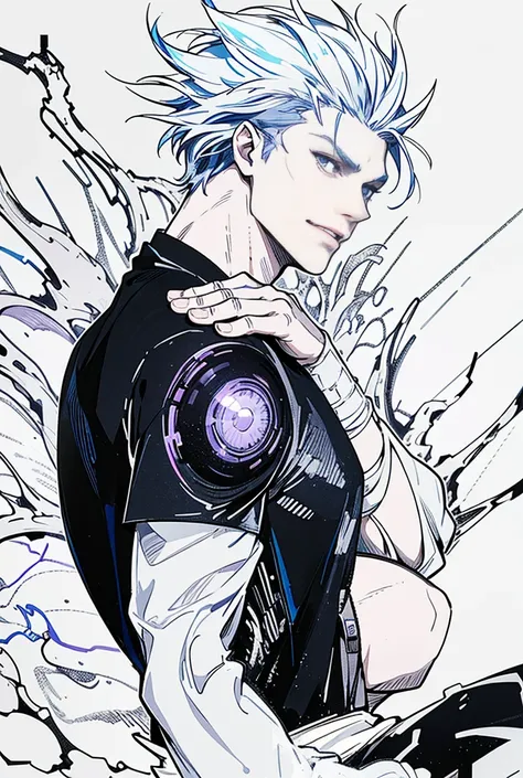 • Appearance: semi human, naughty man, right part of the body is robot, strong muscular body, fighter, body with robotic parts half man half machine, 20 year, White colored hair spiked in wavy and medium directions, blue colored eyes, right arm is a roboti...