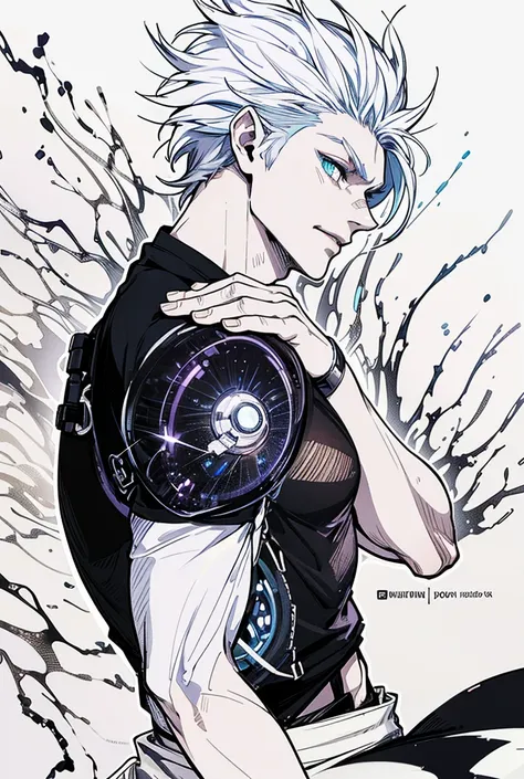 • Appearance: semi human, naughty man, right part of the body is robot, strong muscular body, fighter, body with robotic parts half man half machine, 20 year, White colored hair spiked in wavy and medium directions, blue colored eyes, right arm is a roboti...