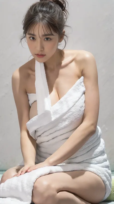 

【prompt】

＜((Large Breasts:1.3))，Long Black Hair，ponytail＞
BREAK (toweling made of white fluffy cotton:1.3), ((sleeveless, strapless):1.3), (wrap a plain white color towel over naked body:1.4), (sheath line:1.3), (wrapped soft thick white towel with fluf...