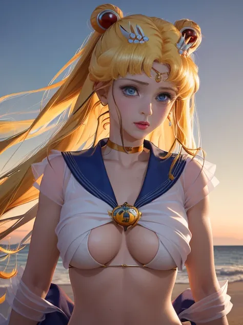 sailor moon at beach wear sailor bikini, blonde hair, large breast, show cleaveage, (forehead ornament), masterpiece, best quality:1.2),(8k,highres,RAW photo,realistic,photo-realistic:1.3),(detailed skin texture,detailed cloth texture,beautiful detailed fa...