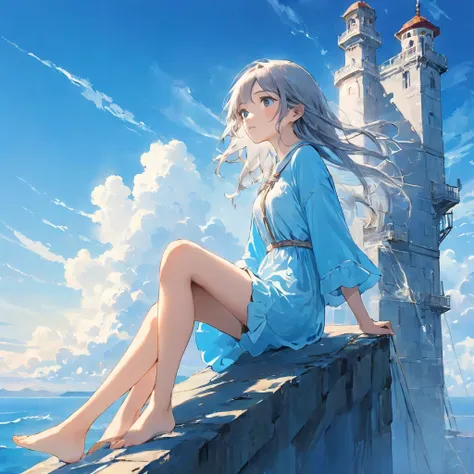 finely detailed illustration, vibrant color,High resolution、８ｋ、pretty girl、One Girl、Perfect and detailed eye drawing、Highest quality、masterpiece、detailed eye and face, A thin tower stretching high into the sky、Cylindrical tower、sea of clouds、blue sky、Sitti...