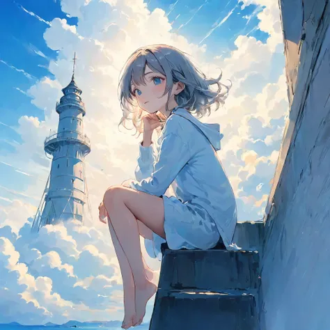 finely detailed illustration, vibrant color,High resolution、８ｋ、pretty girl、One Girl、Perfect and detailed eye drawing、Highest quality、masterpiece、detailed eye and face, A thin tower stretching high into the sky、Cylindrical tower、sea of clouds、blue sky、Sitti...