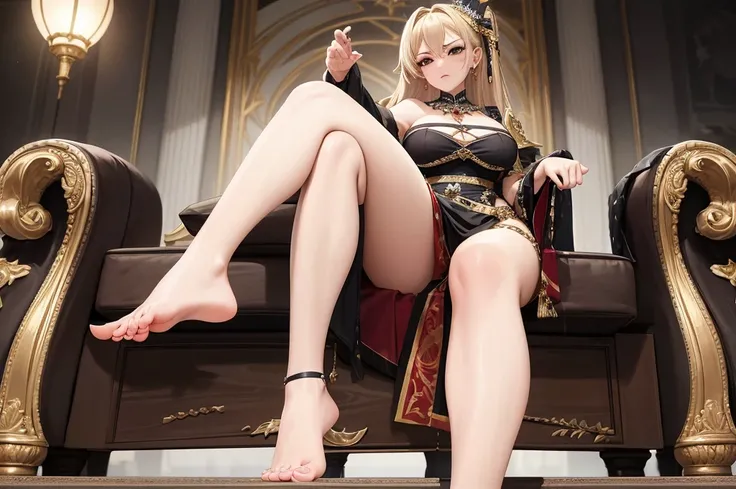 a haughty woman sits on an upholstered armchair, her posture exuding an air of unquestionable superiority. she stretches out one leg, leaving her bare foot exposed for all to see. a look of contempt, like that of a disdainful queen with icy indifference. h...