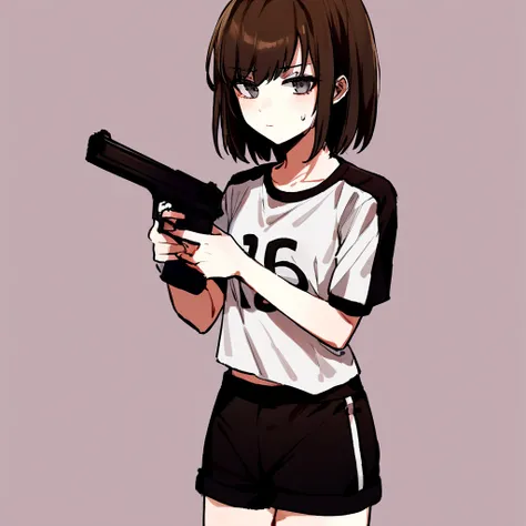 make me a girl, 16yo, sporty shirt and sporty shorts, gun in her hands, neutral face, dark brown short hair, grey eyes