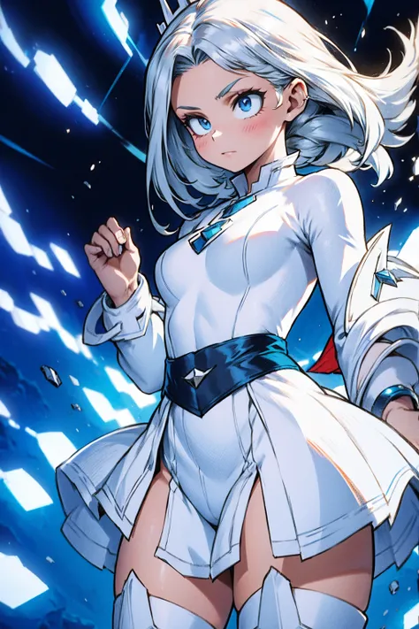 White attire, Hero costume, white and blue color costume, black and white details, fundo cinza, detailded.