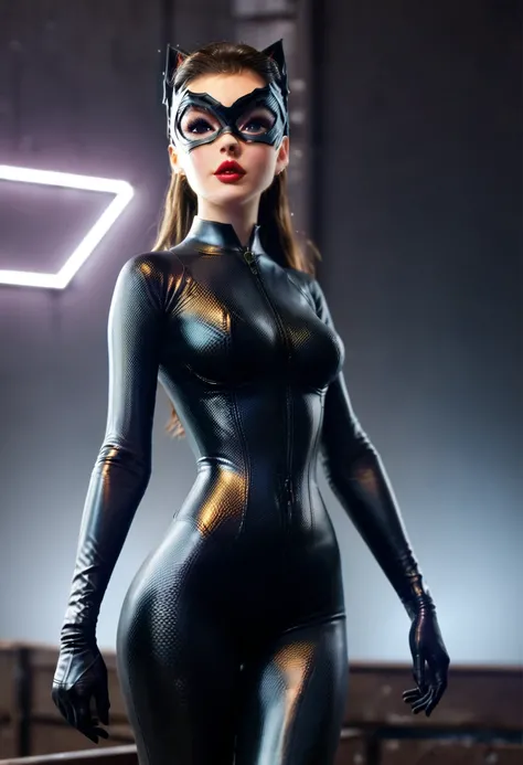 score_9_up, score_8_up, score_7_up, 1girl, solo, mature female, ((Catwoman)), brown long straight hair, brown eyes, red lips, parted lips, fit slim body,(((perfect erected medium breast))) (((black tight suit, black eye mask))), (((highly detailed bunker, ...