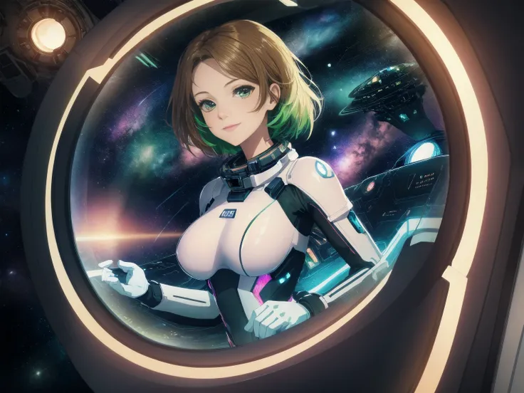 (aesthetic, best quality, masterpiece), 1girl, female focus, solo, large breasts, closed mouth, small smile, green eyes, auburn hair, zerosuit, tight, pink and white bodysuit, vivid colors, holographic interface, spaceship, space, futuristic, datapad, full...