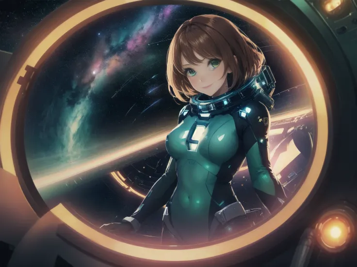 (aesthetic, best quality, masterpiece), 1girl, female focus, solo, large breasts, closed mouth, small smile, green eyes, auburn hair, zerosuit, tight, pink and white bodysuit, vivid colors, holographic interface, spaceship, space, futuristic, datapad, full...