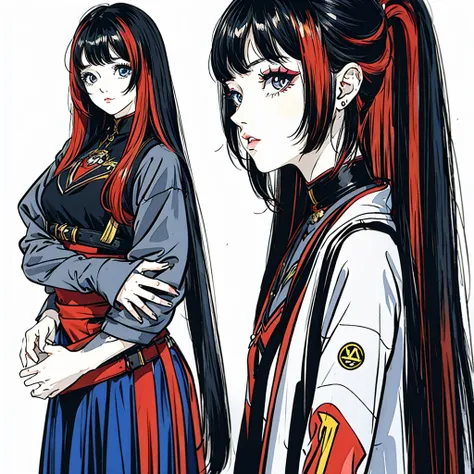 make a girl cartoon character that has a hair with red highlights in a black hair and a bangs, with a side labret piercing. from head to shoulder only, please include the side labret piercing 