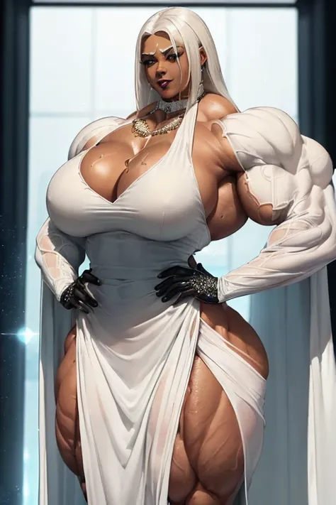 ((((Massive beautiful, buff, bulky, brown skinned muscular woman with white hair, black lipstick, ginormous bulky muscles, hands on hips and wearing a sparkly, long white pencil gown)))), (close view), vascular, massive muscle, massive biceps, hyper muscle...