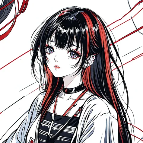 make a girl cartoon character that has a hair with red highlights in a black hair and a bangs, with a side labret piercing. from head to shoulder only, please include the side labret piercing 