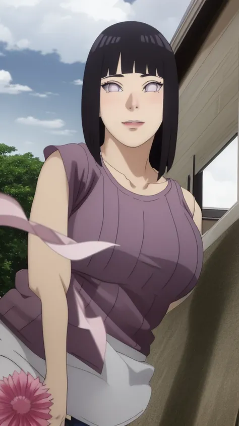 Masterpiece, Hinata(Boruto), 1 girl, alone,mature woman, (wearing mini camisole:1.25),  outdoor, look at viewer, (petals falling), The sky is cloudy, laundry-ing, perfect composition, details lips, big breast, Beautiful face, body proportions, Blush, (pink...