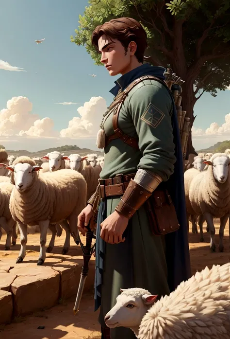 illustration of David and Goliath facing each other, Goias a giant facing
 a young shepherd, around 15 years old, wears a simple tunic of the time and a flock of sheep in the background. an expression of serenity and confidence on his face. cinematographic...