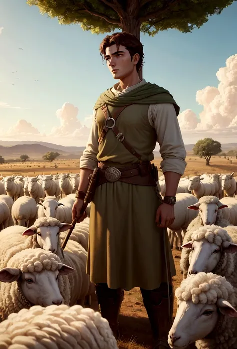 illustration of David and Goliath facing each other, Goias a giant facing
 a young shepherd, around 15 years old, wears a simple tunic of the time and a flock of sheep in the background. an expression of serenity and confidence on his face. cinematographic...