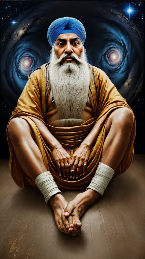 Oil painting of old wise sikh guru nanak dev ji praying sit on ground universe galaxy in background, extremely detailed, upscale, enhanced quality, majestic, hyperrelistic, cinematic,high contrast,face enhanced,real engine, 