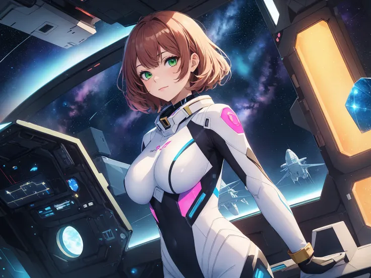 (aesthetic, best quality, masterpiece), 1girl, female focus, solo, large breasts, closed mouth, small smile, green eyes, auburn hair, zerosuit, tight, pink and white bodysuit, vivid colors, holographic interface, spaceship, space, futuristic, datapad, full...