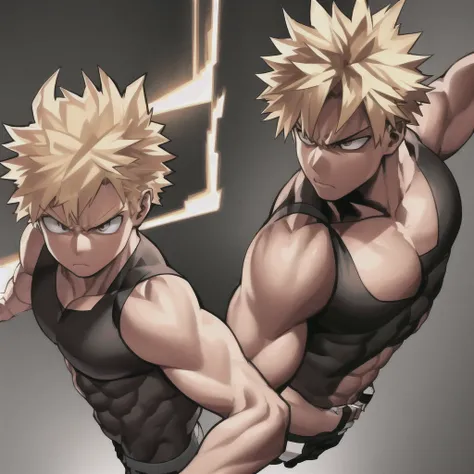 1boy, blonde hair, black tank top, fair skin, brown eyes, toned body, serious expression, detailed facial features, muscular, dynamic pose, Boku no Hero Academia, character illustration, digital art, highly detailed, cinematic lighting, vibrant colors, dra...