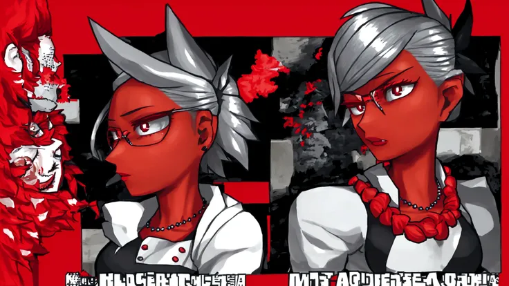 my hero academia character, girl with short shoulder-length black hair with red strands, you have light brown skin, Brown eyes, 4 earrings in the left ear and 3 earrings in the right ear all silver in color, curled eyelashes, Red lipstick, a silver necklac...