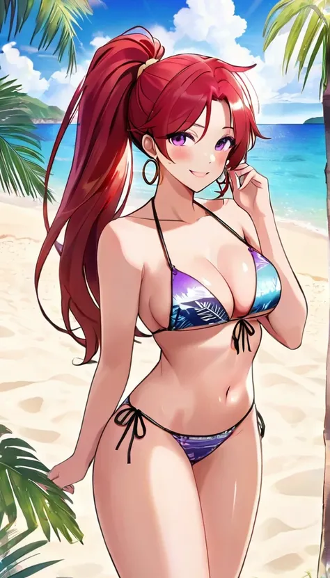 (best quality:1.4), (ultra highres:1.2), (8k, RAW photo, manhwa-artstyle, 1girl, solo, long hair, looking at viewer, smile, red hair, bare shoulders, purple eyes,  bikini ,Perfect Hands, ponytail, hoop earrings ,full body view,