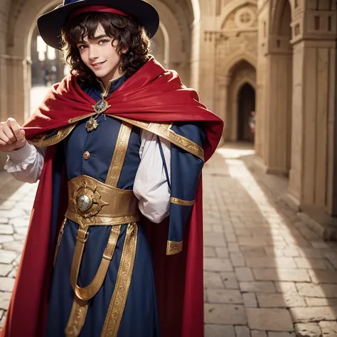 Curly-haired boy smiling and wearing medieval clothes and a hat, covering your arm with your cape