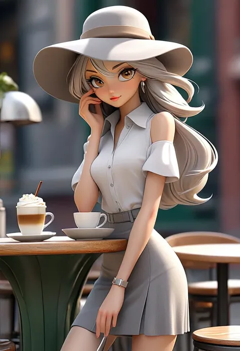 tabletop, high qualiy, best qualityer, comely, Hard disk, perfect lighting, face detailed, body detailed, 1 girl, standing alone, (Long gray hair), thin ankles,eyes browns, medium breasts, ((white innerwear)), ((Short skirt in gray)), (Grey hat), silver hi...