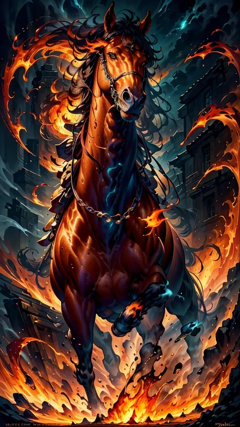 a mesmerizing oil painting of a solitary, majestic fire horse in full gallop, crafted with vibrant brushstrokes on a dramatic bl...