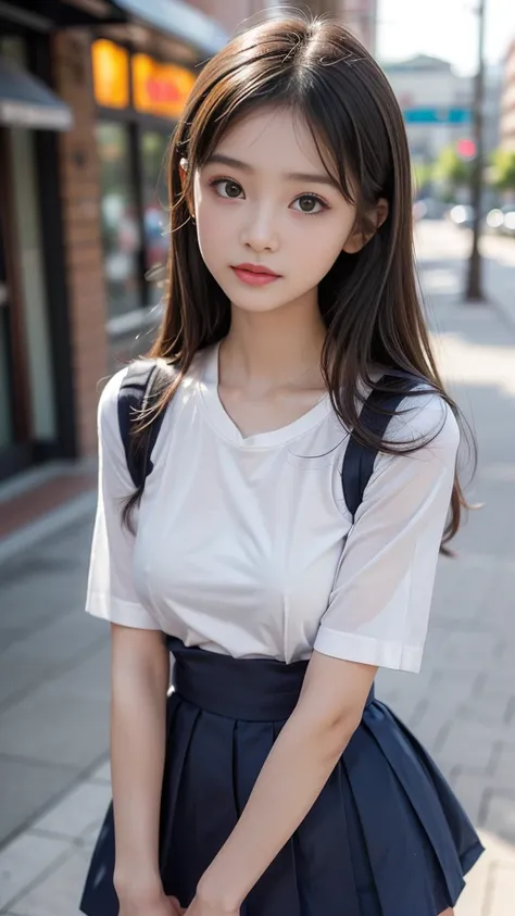 ((A beautiful girl wearing clothes that emphasize her breasts)), (Cute school girl:1.3, Baby-faced girl:1.3), Slender body line, Ultimate Beauty, ((Detailed eyes and face:1.2, Professional photography techniques)), (Captivating Lips, Sexy look)