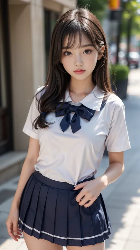 ((A beautiful girl wearing clothes that emphasize her breasts)), (Cute school girl:1.3, Baby-faced girl:1.3), Slender body line, Ultimate Beauty, ((Detailed eyes and face:1.2, Professional photography techniques)), (Captivating Lips, Sexy look)