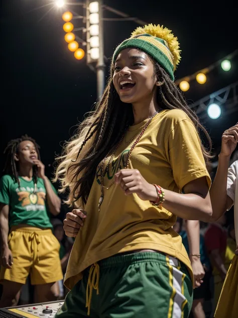 people dancing reggae, dressed in green, yellow and red., Big sound system, street party, black people