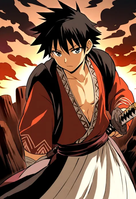 An anime character/manga whose approximate age is 15 years, living in the 15000s and their typical clothes from that time, On his waist he carries a katana and his eyes are red as coals., and your black hair