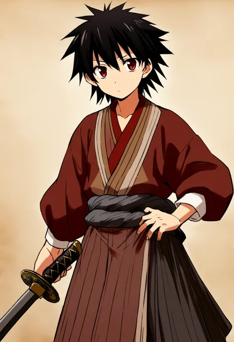 An anime character/manga whose approximate age is 15 years, living in the 15000s and their typical clothes from that time, On his waist he carries a katana and his eyes are red as coals., and your black hair