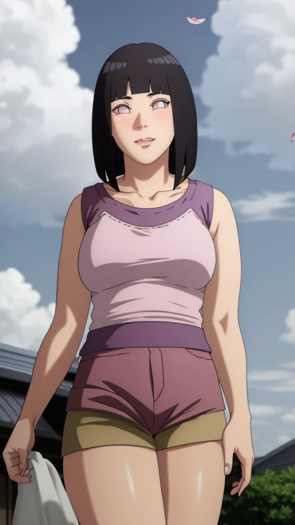 masterpiece, hinata\(boruto\), 1 girl, alone,mature woman, (wearing mini camisole & hotpants:1.25),  outdoor, look at viewer, (p...