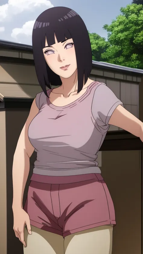 masterpiece, hinata\(boruto\), 1 girl, alone,mature woman, (wearing mini camisole & hotpants:1.25),  outdoor, look at viewer, (p...