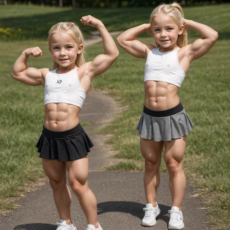 beautiful 10 year old blonde muscular bodybuilder children girl with big muscles wearing a cute long leggings, skirt, freckles, being outside, tanned skin