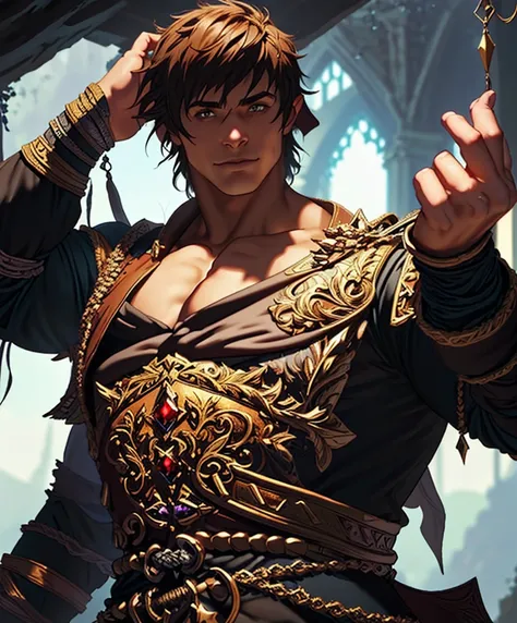 (((Single character image.))) (((1boy))) (((Looks like beefcake male fantasy character.)))  (((Dressed in medieval fantasy attire.))) Boyfriend in a fantasy setting. (((Male fantasy character in a grim fantasy setting.))) Looks like a fun-loving and heroic...